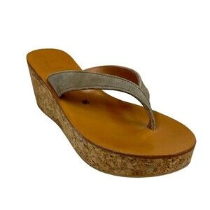 K. Jacques Diorite Thong Cork Wedge Platform Sandals Tan Suede 38 / 6.5 / 7